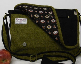 MESSENGER BAG 25 IN BROWN MIX CREAM TRIANGLE PATTERN EMBROIDERED FABRIC