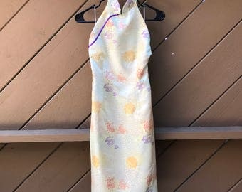 90s Chinese Silk Blend Halter Dress