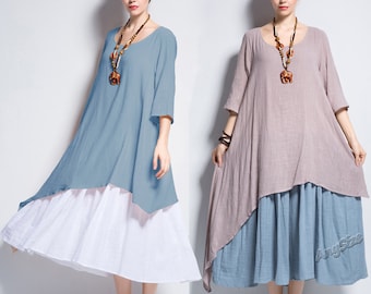 Anysize double color fake two-piece soft linen&cotton Spring Summer Dress plus size dress plus size clothing Y111