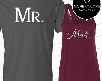Mr. and Mrs. Flowy Racerback Tank and T-Shirt Set, Honeymoon Shirts, Mr. and Mrs. Shirts, Couples Shirts | #1210