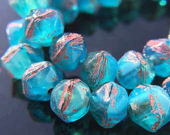 Turquoise Blue English Cut Beads with Picasso Finish, Czech Glass Rough Cut, Blue Glass Beads, Blue Rough Cut Beads, 7mm - 15 beads (ENG-14)