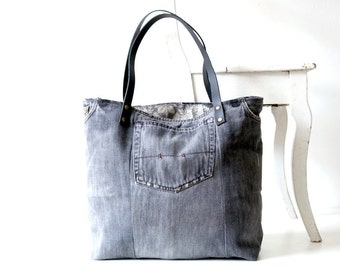 denim canvas tote bag with lots of pockets jeans bag