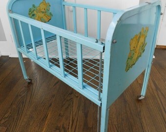 Vintage 1950's Amsco Metal Doll-E-Crib, Blue Baby Doll Bed, Pretend Play