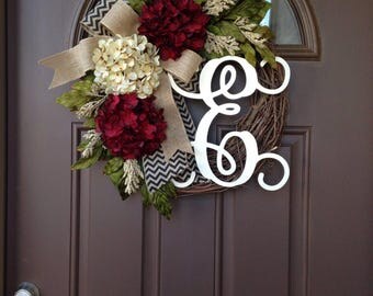 Burgundy and Cream Hydrangea Wreath - Front Door Wreath - Year Round Wreath - Everyday Wreath - All Season Wreath - Spring Wreath - Gift