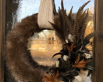 Winter wreath,Fall wreath,Fur wreath,Feather wreath,Fur decor,Fur and feather wreath,Wreath with fur,Wreath with feathers