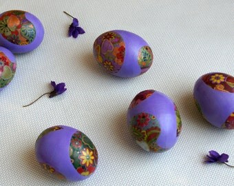 Easter eggs set of six decoupage hand painted wooden eggs violet Easter decorations Easter egg hunt Easter basket gift Easter ornaments