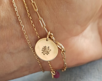 Gold Charmed Bracelet, Gold Chain Bracelet, Dandelion Charm, Personalized Initial Charm Bracelet, Handmade Bracelets, Venexia Jewelry
