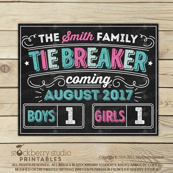 Tie Breaker Pregnancy Announcement Sign - Gender Reveal Sign - Photo Props - 3rd Pregnancy Reveal - Baby Announcement Pink or Blue Printable Il_570xn
