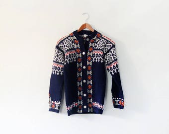 Vintage Norwegian Wool Cardigan Sweater - Navy Blue / Red / White Women's Size 38 / Small