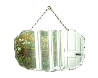 Vintage Art Deco bevelled glass mirror 1930s wall hanging over mantle mirror glass with chain and chrome fan shaped clips retro home decor
