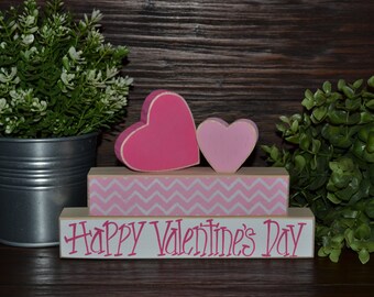 Happy Valentines Day Decor Wooden Valentine's Day Block Set Valentine's Day Decoration Holiday Decor Valentines Decoration Chevron Hearts