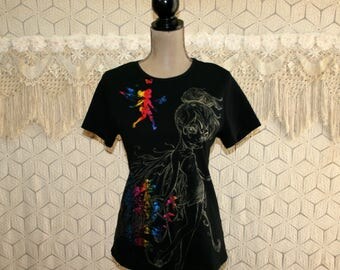 Womens Disney Clothing Tshirt Tinkerbell Top Tink Fairy Rainbow Metallic Emo Goth Edgy Graffiti Lettering Gangster Medium Large