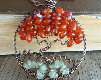 Copper necklace Stone necklace Tree life stone pendant Carnelian prehnite necklace Stone jewelry Tree of life necklace Wire wrapped jewelry