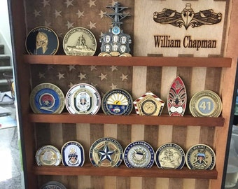 Hanging Wood Military Coin Holder, Engraved military coin holder, coin holder shelf, collectables shelf, American Flag display