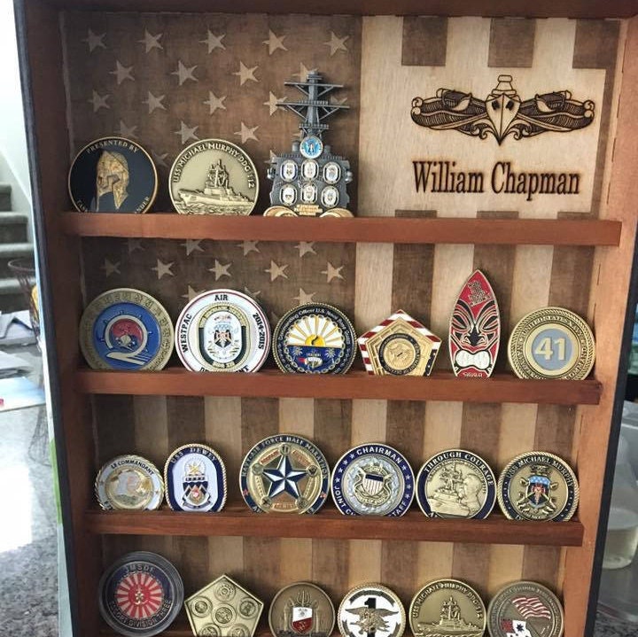 Hanging Wood Military Coin Holder Engraved Shelf Collectables American Flag Display Hanging Wood Military Coin Holder Engraved Shelf Collectables American Flag Display