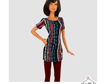 Barbie Outfit-2pieces Outfit-Stripped Long Top/Dark Red Leggings-Handmade Barbie Clothes by Lovemade- Fashion Doll Clothes
