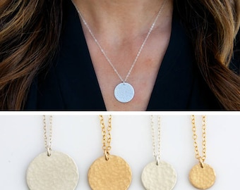 Hammered Layering Necklace, Hammered Gold Disc Necklace, Sterling Silver Gold Fill Circle Tag Necklace, Gift for her, LEILAjewelryshop, N274
