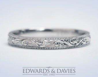 Hand Engraved White Gold Wedding Band Ring | Antique Style Wedding Ring | Stacking Ring | Antique Engraved Ring | Wedding Ring |Promise Ring