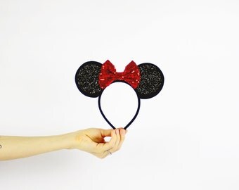 Minnie Mouse Ears Headband with Red Bow | Glitter Disney Minnie Birthday Ears with Sparkle Bow | Baby Girl Party Headband