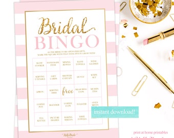 Bridal Shower Bingo - 50 BINGO BOARDS - Wedding Shower Bingo - Pre-Filled Bingo Cards - Pink and Gold - Bridal Shower Games - RS001