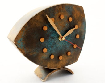 Table clock, Desk Clock, Brown Gold Turquoise clock, Wood Clock Unique Wedding Gift, Wooden Shaded clock, Summer decor, back to school