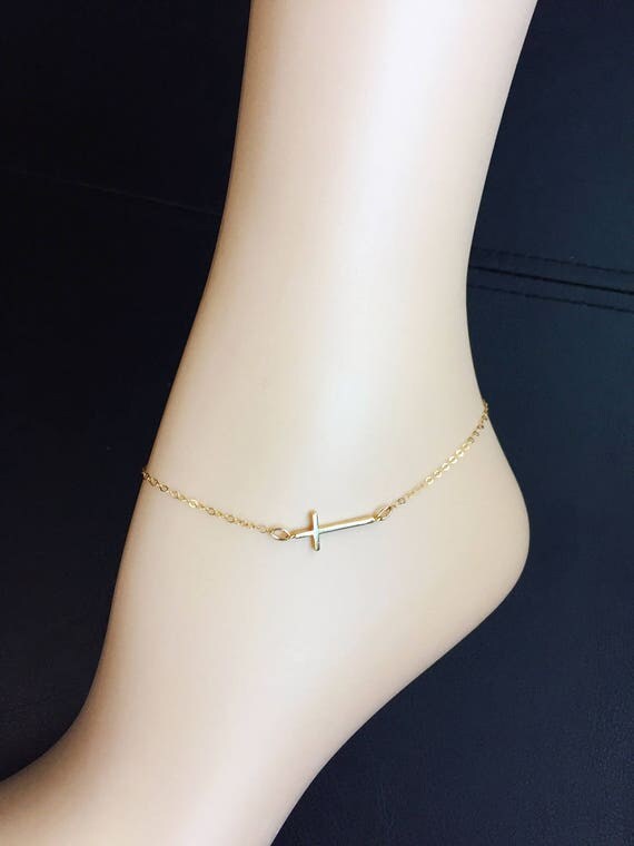 Gold Cross Anklet Sideways Cross Ankle Bracelet Gold