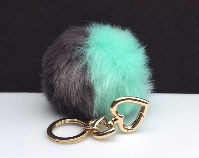Faux Duo Grey Mint Fur Pom Pom bag Keyring keychain pom pom fake fur ball