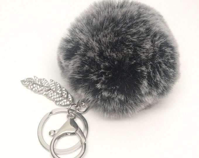 Black Frost Faux Rabbit Fur Pom Pom bag Keyring keychain fake ball puff fall leaves