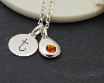 Birthstone Personalized Silver Initial Necklace, Sterling Silver Birthstone Necklace, Sterling Silver Necklace with Initial Charm,