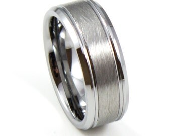 Beautiful Men's Tungsten Wedding Band, Brushed Center Mens Ring, Comfort Fit Tungsten Carbide Wedding Band, Beveled Edges Mens Ring