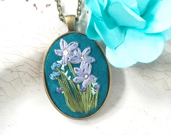 Long Pendant Necklace. Embroidery Necklace. Embroidered Flower Jewelry. Gift Ideas for Women.
