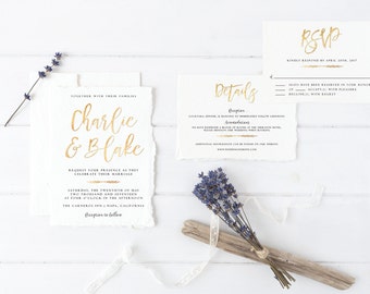 Gold Printable Wedding Invitation Set, Minimal Invitation Suite, Wedding Invitation Printable, Modern Wedding Invitation, Gold Foil Invite