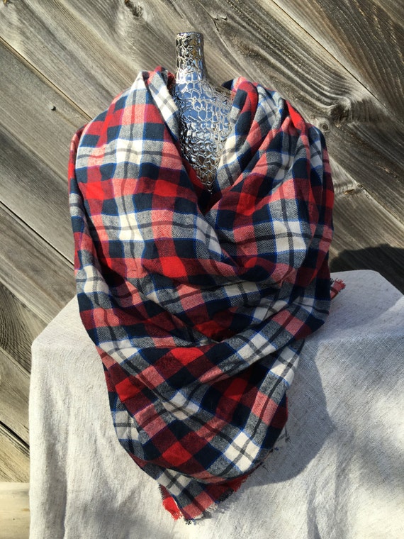 navy red and cream plaid blanket scarf with leather detail