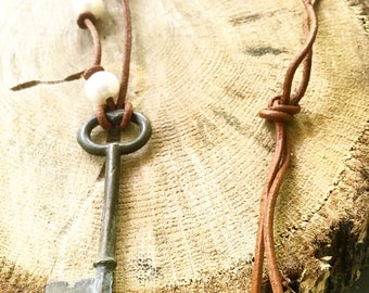 Skeleton Key Freshwater Pearl Leather Knotted Necklace