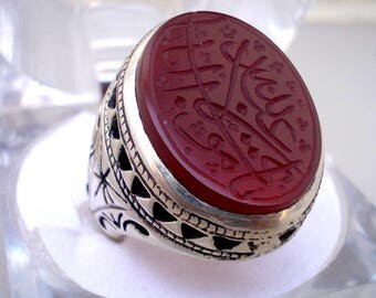 Islamic Amulet Rings / Blood Red Carnelian Yameni Aqeeq Men Ring in 925 Sterling Silver Handmade Elegant Design , SHia Sufi / Healing Ring