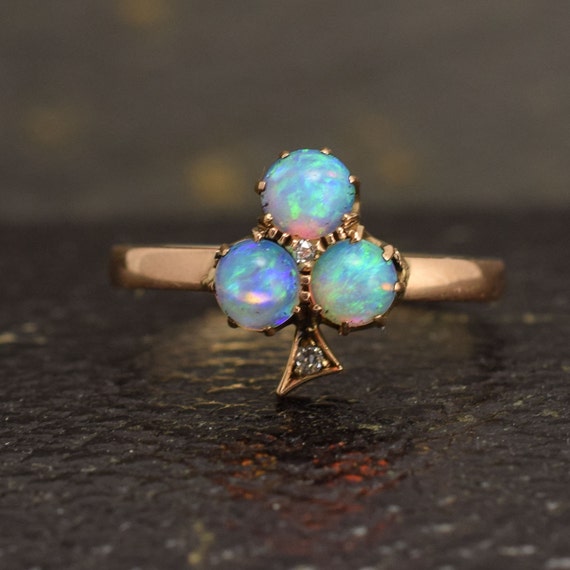 Edwardian Opal & Diamond Trefoil Clover Gold Conversion Ring