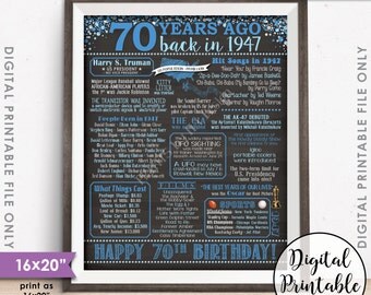 70th Birthday Gift 1947 Poster, 70 Years USA Flashback Instant Download 8x10/16x20” Born in 1947 Birth 70th B-day Chalkboard Style Printable