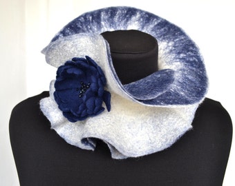 Felted scarf white and dark blue White ruffle scarf Felted scarf ruffle collar women scarf scarf for women