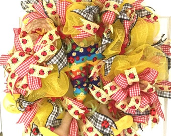 Deco Mesh Wreath, Summer front door wreath, Ladybug Wreath, Whimsical Wreath, Red and yellow, Front Door, Home Decor Wreath