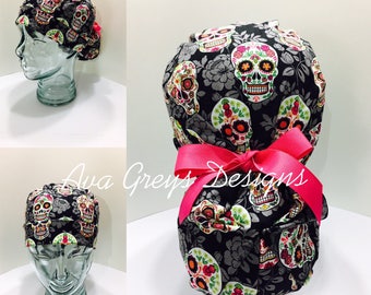 Ponytail Surgical/Scrub Hat-Sugar Skull-CHOOSE YOUR TIES, Hand Made Item by Ava Greys Designs