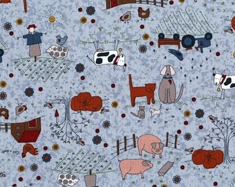 Pig Fabric / Pigs on Blue Fabric / High Meadow Farm Pigs Yardage Fabric / Yardage and fat Quarters