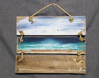 Beach Pallet art, Nautical decor, Beach painting, rope accent, Distressed seascape, Shabby Cottage decor, Hand painted, upcycled pallet
