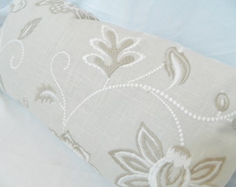 Lira-Charlotte Moss in Canvas-Decorative Lumbar pillow Cover with Embroidered Floral on Linen Fabric / 14 x 26