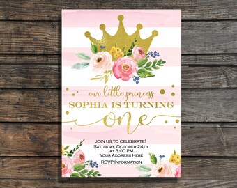 Princess Birthday Invitation Gold crown birthday invitation girl Floral first birthday invite watercolor gold Princess invitation printable