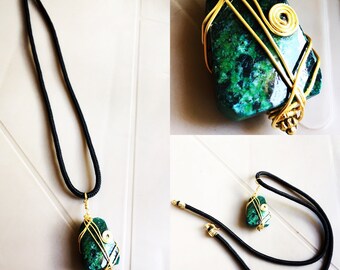 Chrysocolla Men necklace, middle chest long with gold filled wirewrap. Gift for him