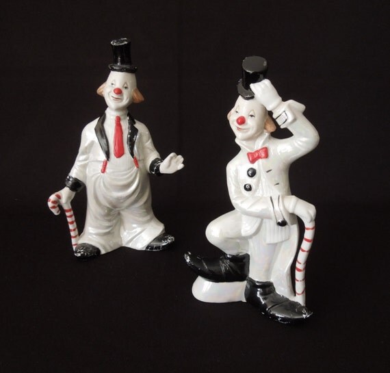 Ceramic Clown Figurines Opalescent Glazed Clowns Vintage