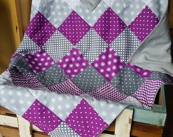 Purple and Grey Polka-Dot/Chevron Minky Baby Blanket