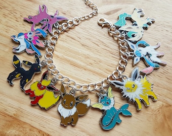 Pokemon Eevee, eeveelutions, umbreon, vaporeon, Espeon, Flareon charm bracelet