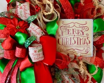 Red Green and Burlap Mesh Merry Christmas Wreath with Poinsettias, Berries and Pine Cones; Winter Holiday Wreath Christmas Front Door Decor
