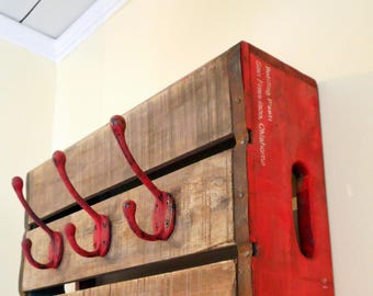 Vintage soda crate coat / hat rack / rustic wall art